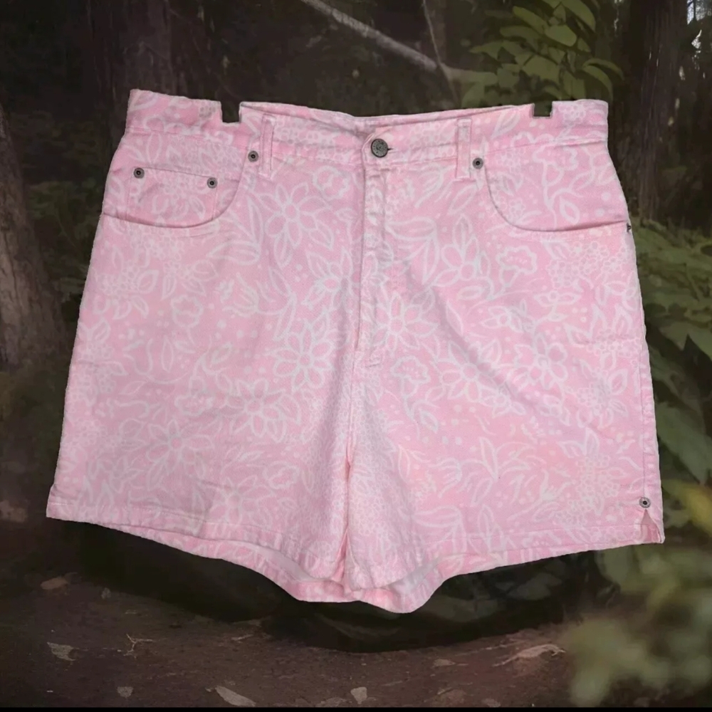 Vintage 90's Pink Floral Mom Shorts Size 14 High Waist Cotton